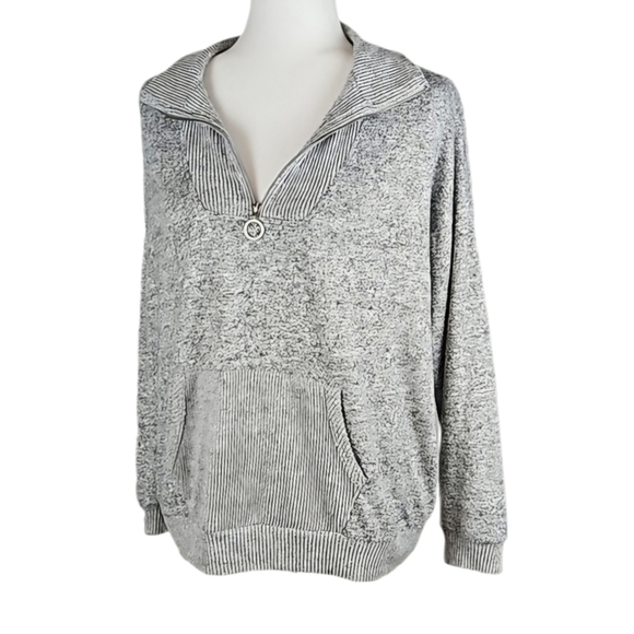 Soft Gray Sweater with Kangaroo Pocket and Zip Neckline - Picture 8 of 8
